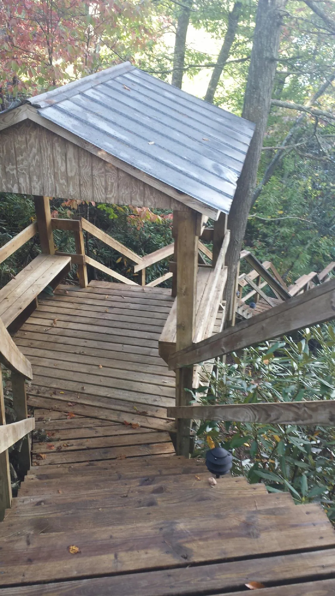 Metal roofed shelter over wooden steps on a wooded walkway — Skylight Repair & Installation work by our crew in Saint Regis